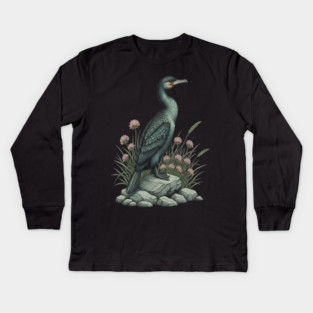 Vintage Coastal Double Crested Cormorant Bird Art Kids Long Sleeve T-Shirt