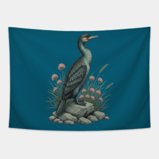 Vintage Coastal Double Crested Cormorant Bird Art Tapestry