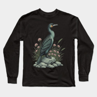 Vintage Coastal Double Crested Cormorant Bird Art Long Sleeve T-Shirt