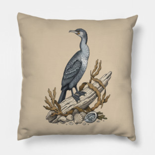 Vintage Cormorant Coastal Driftwood Art Pillow