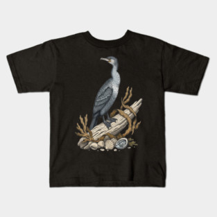 Vintage Cormorant Coastal Driftwood Art Kids T-Shirt