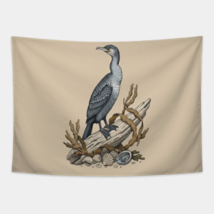 Vintage Cormorant Coastal Driftwood Art Tapestry