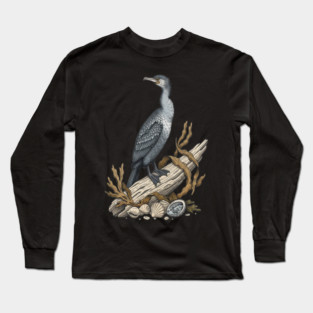 Vintage Cormorant Coastal Driftwood Art Long Sleeve T-Shirt