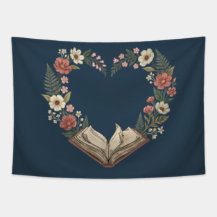 Vintage Book Lover Valentine Floral Heart Tapestry