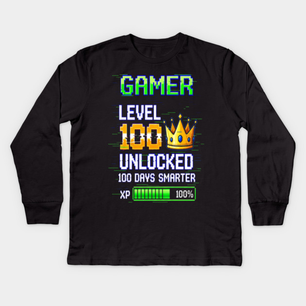 Gamer Level 100 Tee - Royal XP Unlocked Achievement Kids Long Sleeve T-Shirt by OUTFITPAW