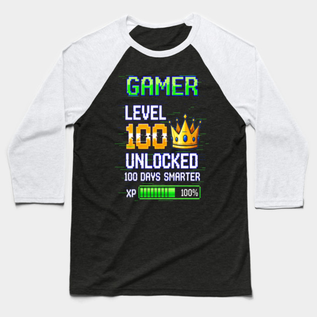 Gamer Level 100 Tee - Royal XP Unlocked Achievement Baseball T-Shirt by OUTFITPAW