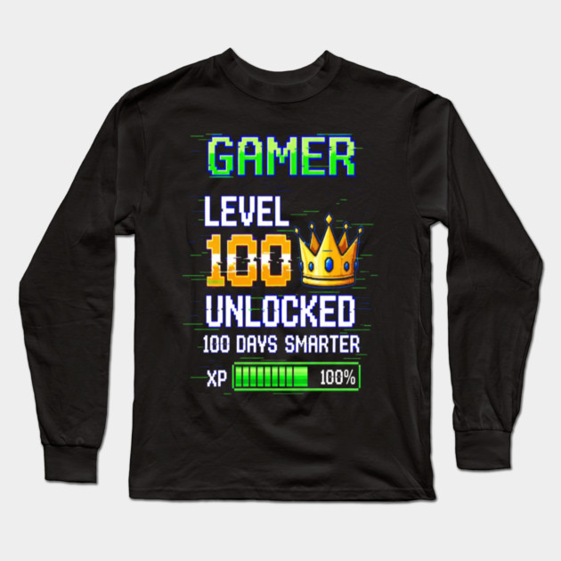 Gamer Level 100 Tee - Royal XP Unlocked Achievement Long Sleeve T-Shirt by OUTFITPAW