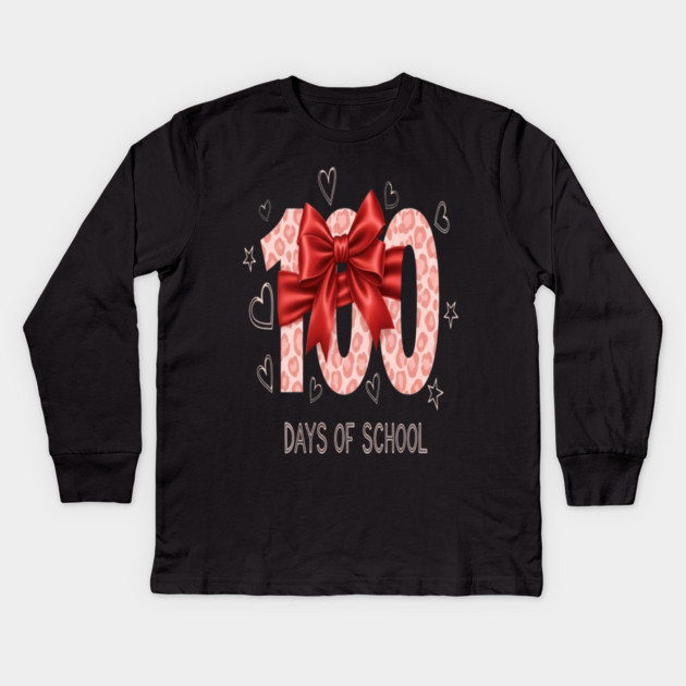 Coquette Bow Tee - Red Leopard 100 Day Slay Kids Long Sleeve T-Shirt by OUTFITPAW