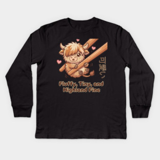 Kawaii Fluffy Tiny Highland Cow Cute Chopstick Meme Kids Long Sleeve T-Shirt