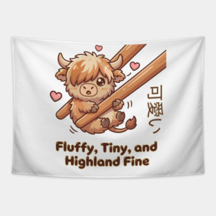 Kawaii Fluffy Tiny Highland Cow Cute Chopstick Meme Tapestry