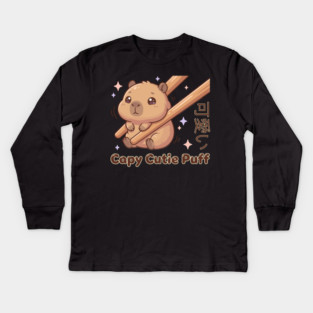 Cute Capybara Chopstick Kawaii Cutie Puff  Meme Kids Long Sleeve T-Shirt