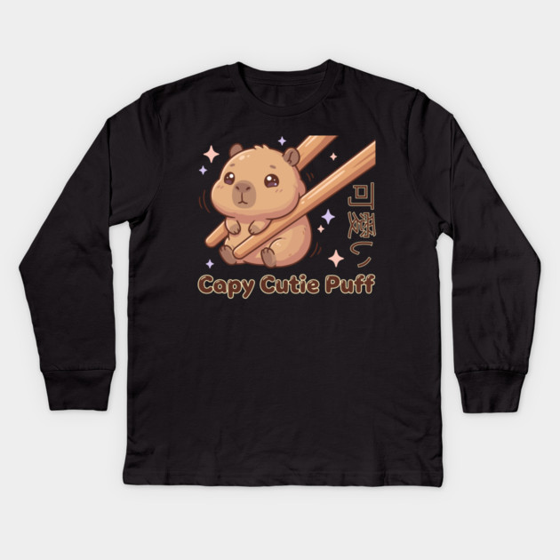 Cute Capybara Chopstick Kawaii Cutie Puff  Meme Kids Long Sleeve T-Shirt by creative