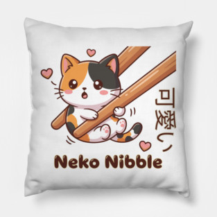Cute Kawaii Kitten Chopstick Neko Nibble Calico Cat Meme Pillow
