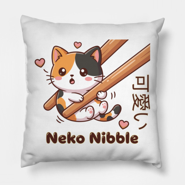 Cute Kawaii Kitten Chopstick Neko Nibble Calico Cat Meme Pillow by creative