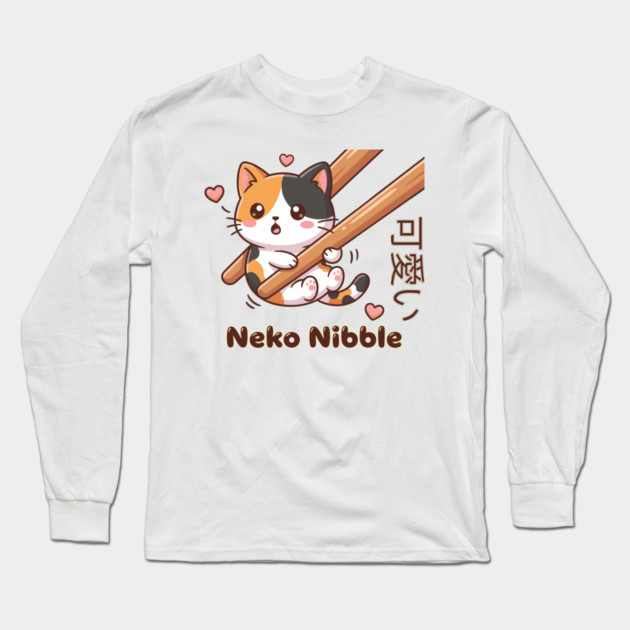 Cute Kawaii Kitten Chopstick Neko Nibble Calico Cat Meme Long Sleeve T-Shirt by creative