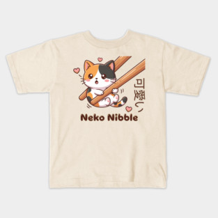 Cute Kawaii Kitten Chopstick Neko Nibble Calico Cat Meme Kids T-Shirt