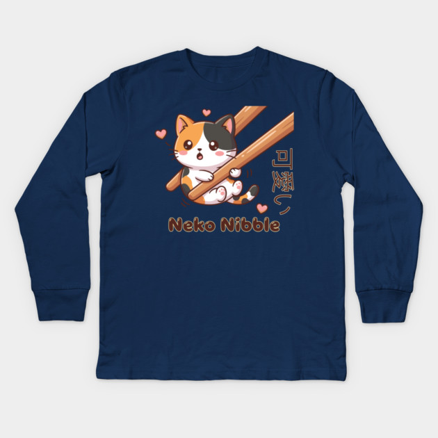 Cute Kawaii Kitten Chopstick Neko Nibble Calico Cat Meme Kids Long Sleeve T-Shirt by creative