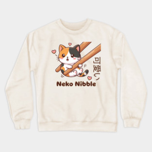 Cute Kawaii Kitten Chopstick Neko Nibble Calico Cat Meme Crewneck Sweatshirt