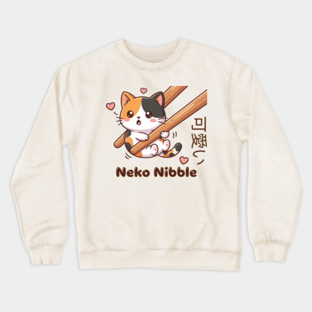 Cute Kawaii Kitten Chopstick Neko Nibble Calico Cat Meme Crewneck Sweatshirt by creative