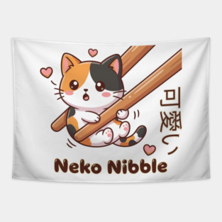 Cute Kawaii Kitten Chopstick Neko Nibble Calico Cat Meme Tapestry