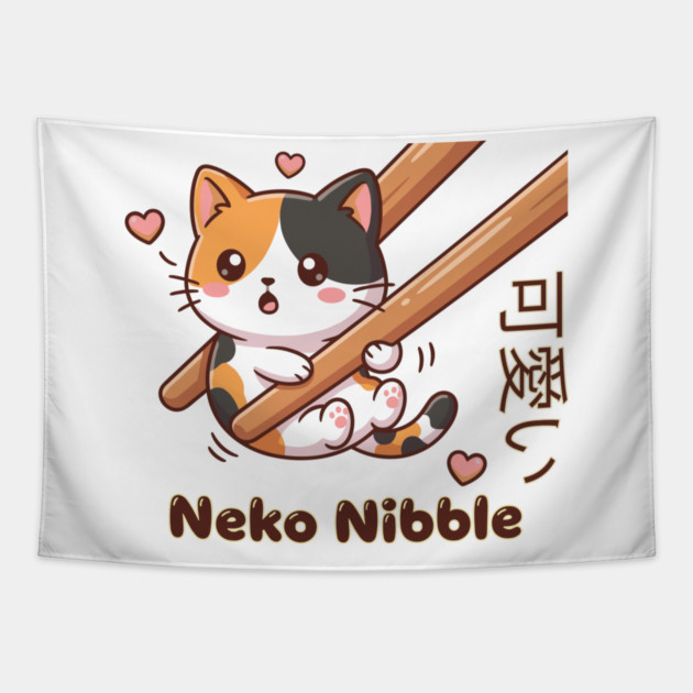Cute Kawaii Kitten Chopstick Neko Nibble Calico Cat Meme Tapestry by creative