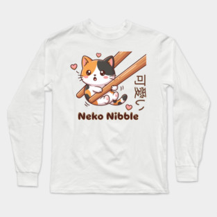 Cute Kawaii Kitten Chopstick Neko Nibble Calico Cat Meme Long Sleeve T-Shirt