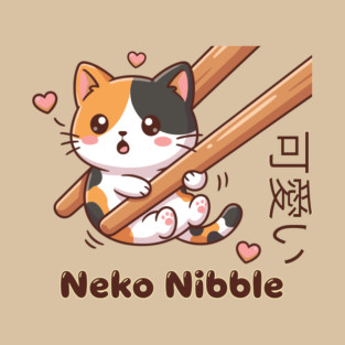 Cute Kawaii Kitten Chopstick Neko Nibble Calico Cat Meme T-Shirt
