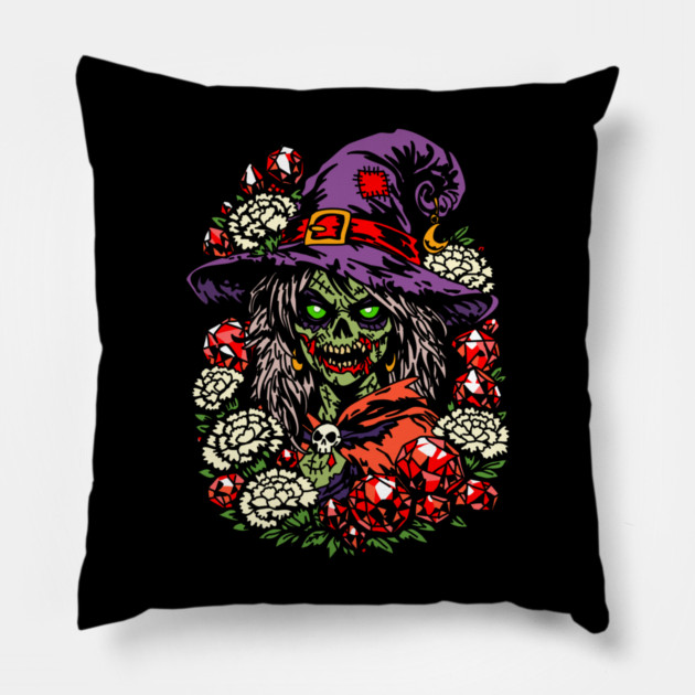 January Zombie Witch with Gems and Flowers Pillow by H. R. Sinclair