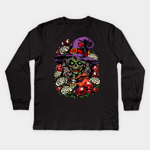 January Zombie Witch with Gems and Flowers Kids Long Sleeve T-Shirt by H. R. Sinclair