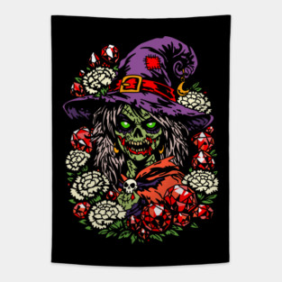 January Zombie Witch with Gems and Flowers Tapestry