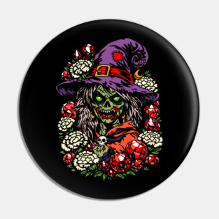 January Zombie Witch with Gems and Flowers Pin