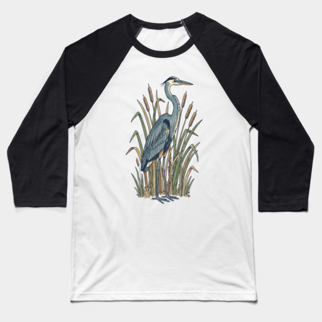 Vintage Great Blue Heron Botanical Nature Design Baseball T-Shirt by BirdsnStuff