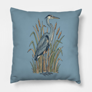 Vintage Great Blue Heron Botanical Nature Design Pillow