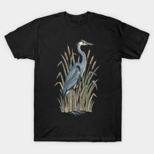 Vintage Great Blue Heron Botanical Nature Design T-Shirt