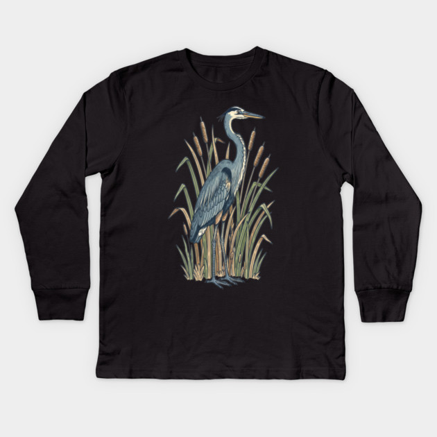 Vintage Great Blue Heron Botanical Nature Design Kids Long Sleeve T-Shirt by BirdsnStuff