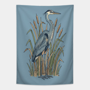 Vintage Great Blue Heron Botanical Nature Design Tapestry