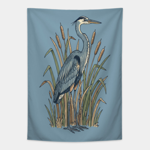 Vintage Great Blue Heron Botanical Nature Design Tapestry by BirdsnStuff