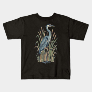 Vintage Great Blue Heron Botanical Nature Design Kids T-Shirt