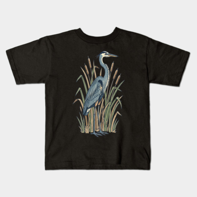 Vintage Great Blue Heron Botanical Nature Design Kids T-Shirt by BirdsnStuff