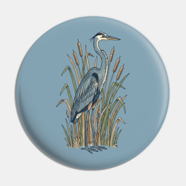 Vintage Great Blue Heron Botanical Nature Design Pin by BirdsnStuff