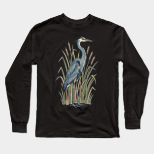 Vintage Great Blue Heron Botanical Nature Design Long Sleeve T-Shirt