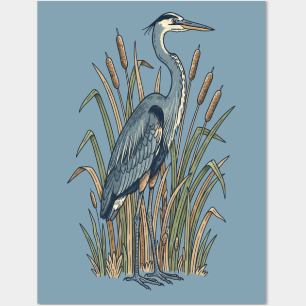 Vintage Great Blue Heron Botanical Nature Design Wall Art by BirdsnStuff