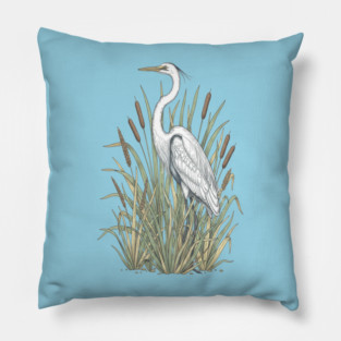 Vintage Great White Egret Wetland Botanical Art Pillow