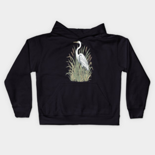 Vintage Great White Egret Wetland Botanical Art Kids Hoodie