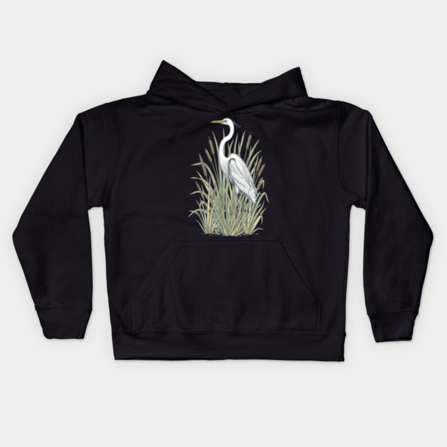 Vintage Great White Egret Wetland Botanical Art Kids Hoodie by BirdsnStuff