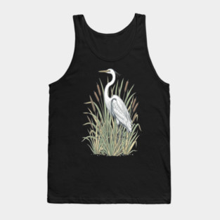 Vintage Great White Egret Wetland Botanical Art Tank Top