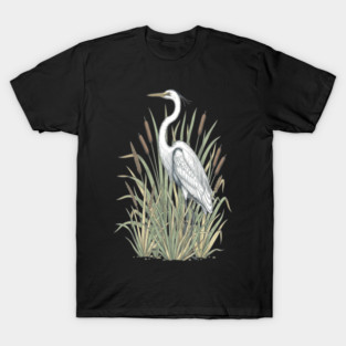 Vintage Great White Egret Wetland Botanical Art T-Shirt