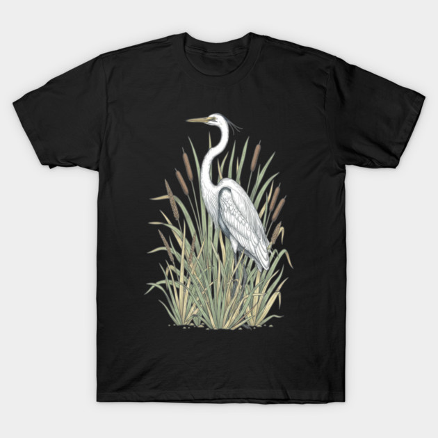 Vintage Great White Egret Wetland Botanical Art T-Shirt by BirdsnStuff