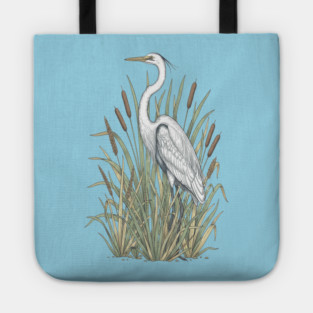 Vintage Great White Egret Wetland Botanical Art Tote