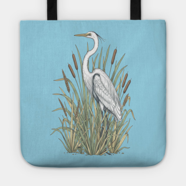 Vintage Great White Egret Wetland Botanical Art Tote by BirdsnStuff